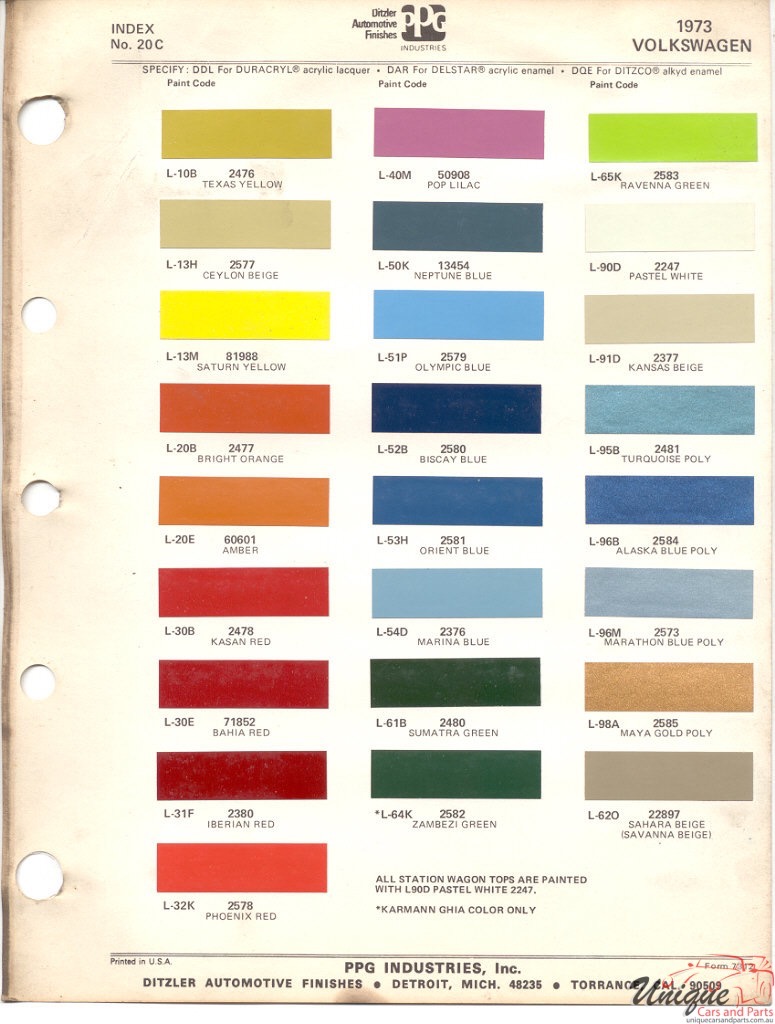1973 Volkswagen Paint Charts PPG 1